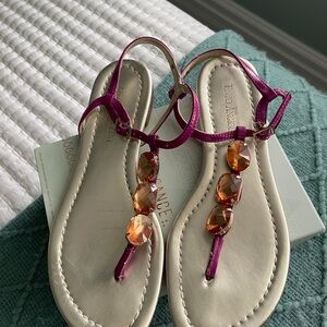 Elegant Enzo Angiolini Pink and Orange Gem T-strap Sandals